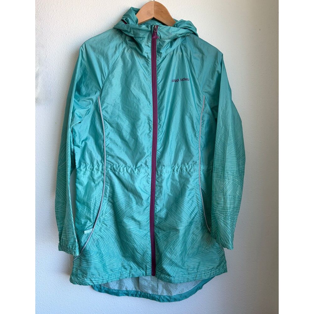HAKA HONU Movimiento Turquoise Topo Print Hooded Windbreaker Jacket Womens Large